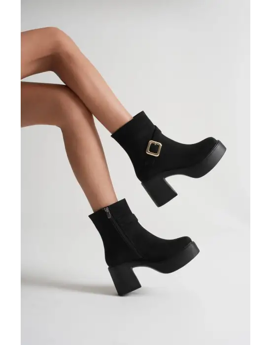 Mona Kadın Siyah Süet Tokalı Topuklu Bot