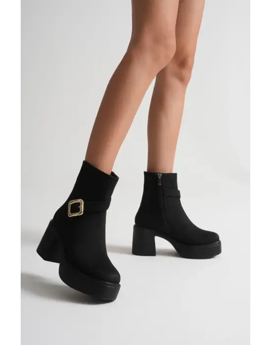 Mona Kadın Siyah Süet Tokalı Topuklu Bot