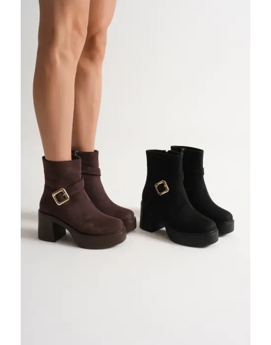 Mona Kadın Siyah Süet Tokalı Topuklu Bot