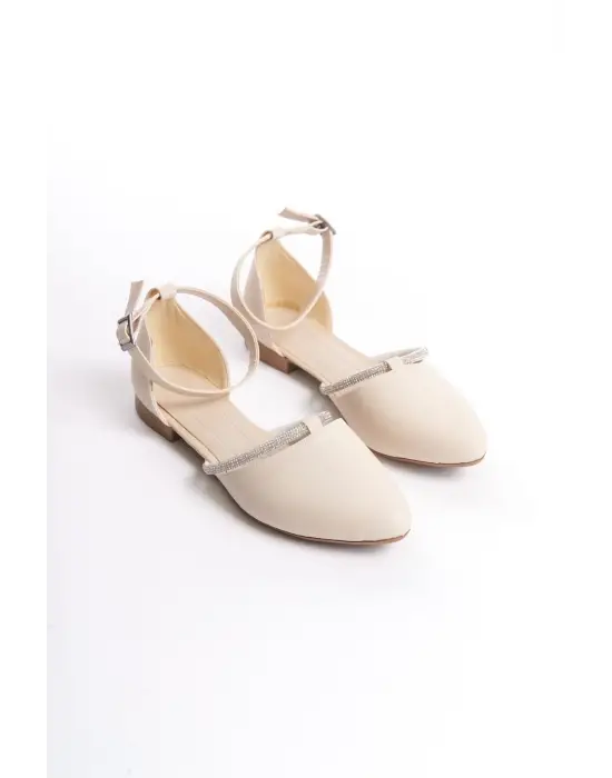 Monıca Tokalı Ortopedik Rahat Taban Taş Detaylı Kadın Babet Ayakkabı  Kt - Krem