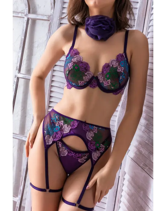 Mor Dantel Jartiyerli 3’lü Fantazi İç Giyim Takımı, Transparan Ayarlanabilir Askılı,kadın İç Giyim