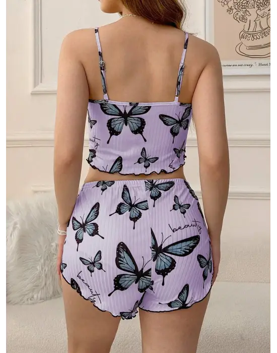 Mor Renk Kelebek Desenli Şortlu Ev Giyim Takımı,kadın Yazlık Askılı Pijama, Rahat Ve Şık Ev Giyim