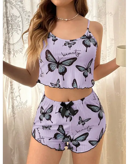 Mor Renk Kelebek Desenli Şortlu Ev Giyim Takımı,kadın Yazlık Askılı Pijama, Rahat Ve Şık Ev Giyim