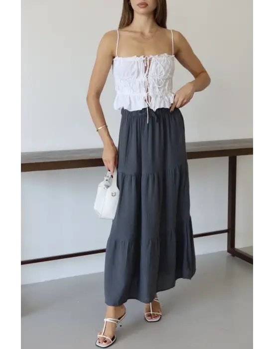 Müslin Kumaş Keten Uzun Etek Antrasit Pt