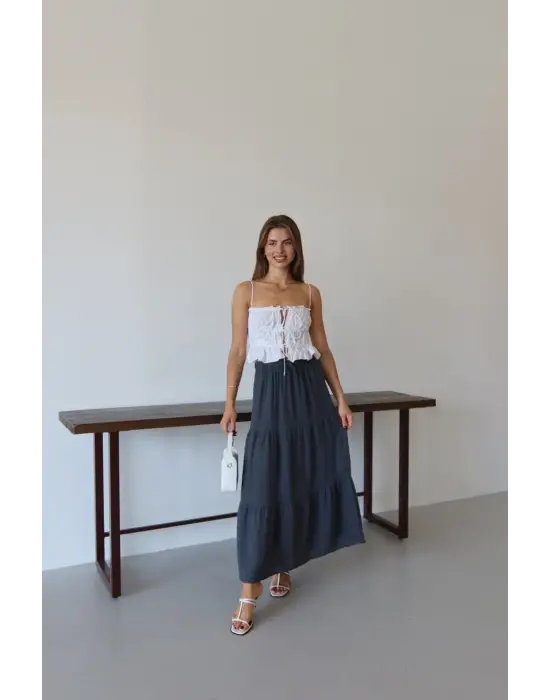 Müslin Kumaş Keten Uzun Etek Antrasit Pt