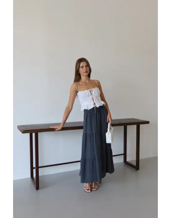 Müslin Kumaş Keten Uzun Etek Antrasit Pt