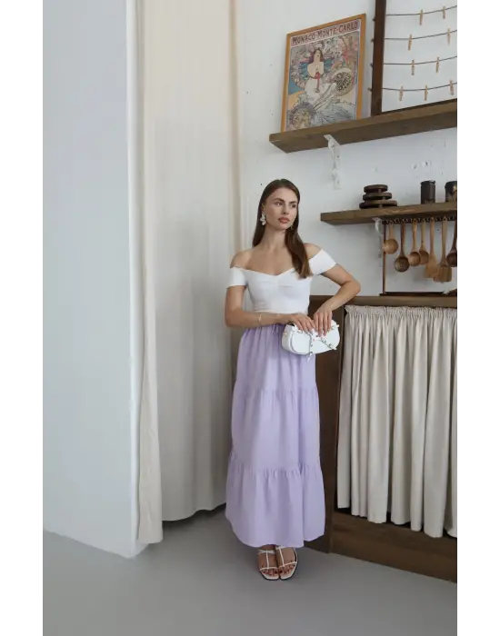 Müslin Kumaş Keten Uzun Etek Lila Pt