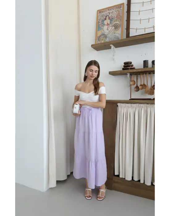 Müslin Kumaş Keten Uzun Etek Lila Pt