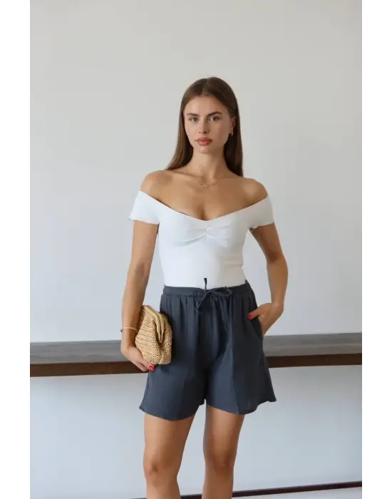 Müslin Kumaş Şort Bağcıklı Antrasit Pt