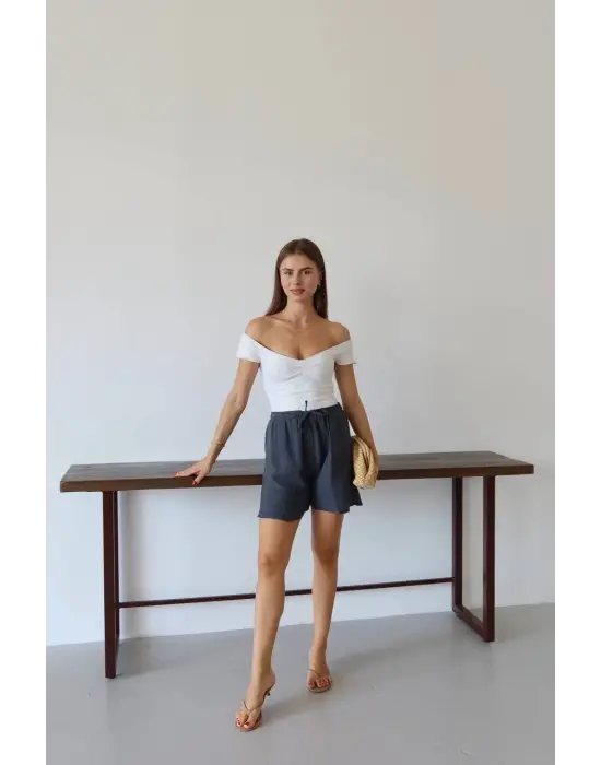 Müslin Kumaş Şort Bağcıklı Antrasit Pt