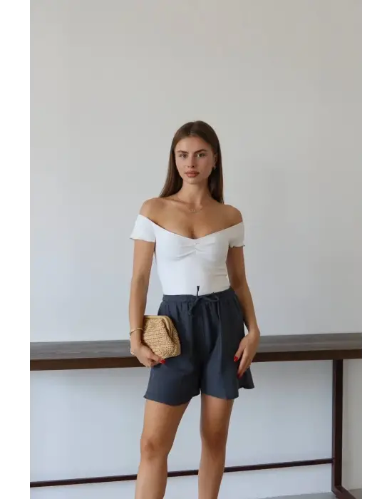 Müslin Kumaş Şort Bağcıklı Antrasit Pt