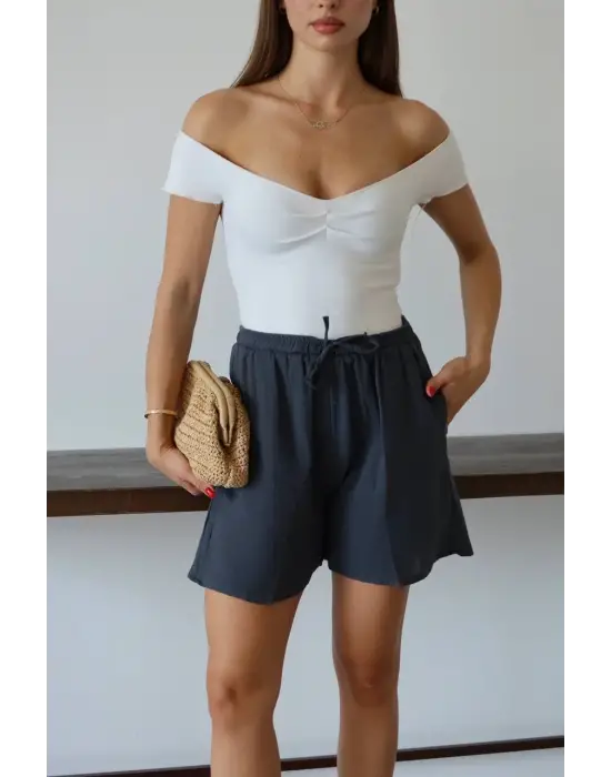 Müslin Kumaş Şort Bağcıklı Antrasit Pt