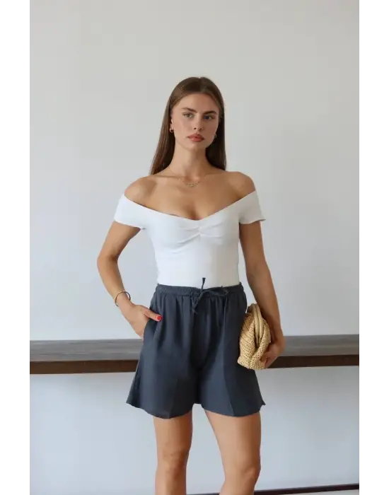 Müslin Kumaş Şort Bağcıklı Antrasit Pt