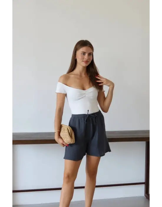 Müslin Kumaş Şort Bağcıklı Antrasit Pt