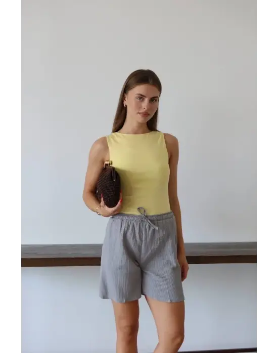 Müslin Kumaş Şort Bağcıklı Gri Pt