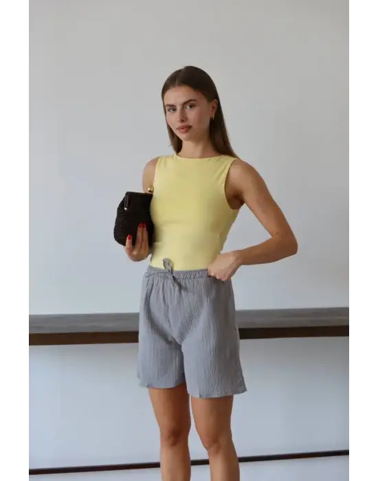 Müslin Kumaş Şort Bağcıklı Gri Pt