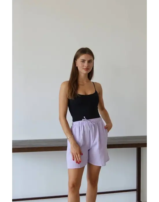 Müslin Kumaş Şort Bağcıklı Lila Pt