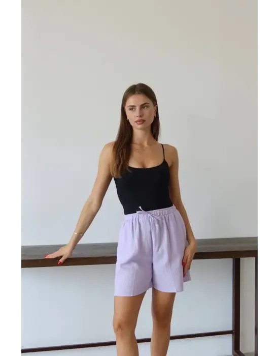 Müslin Kumaş Şort Bağcıklı Lila Pt