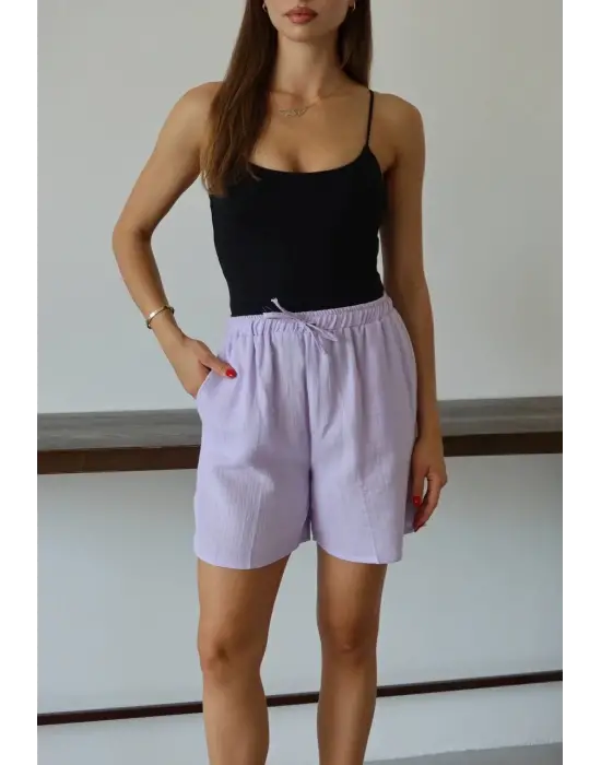 Müslin Kumaş Şort Bağcıklı Lila Pt