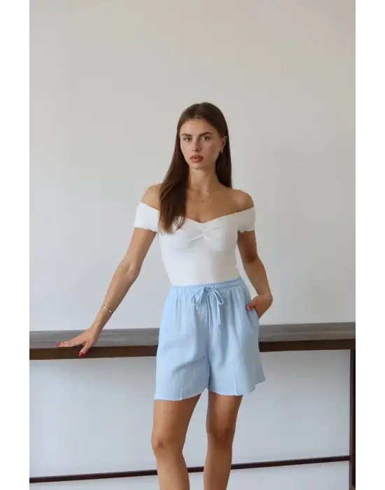 Müslin Kumaş Şort Bağcıklı Mavi Pt