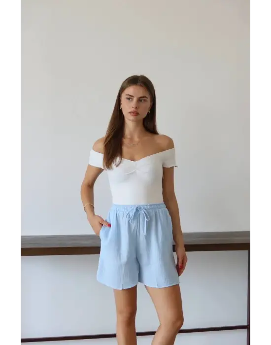 Müslin Kumaş Şort Bağcıklı Mavi Pt