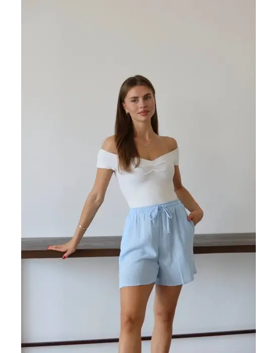 Müslin Kumaş Şort Bağcıklı Mavi Pt