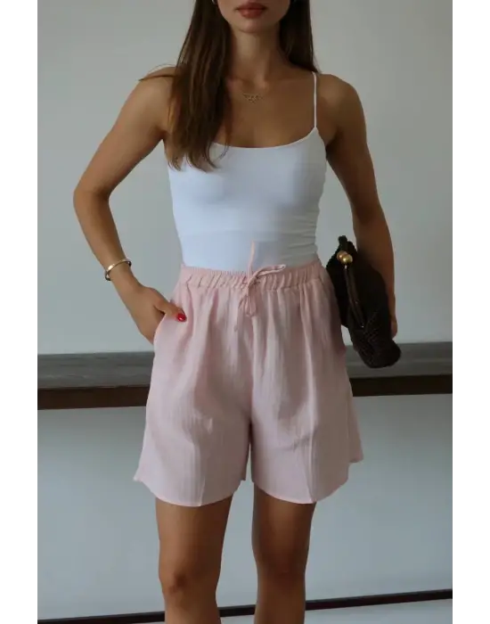 Müslin Kumaş Şort Bağcıklı Pembe Pt