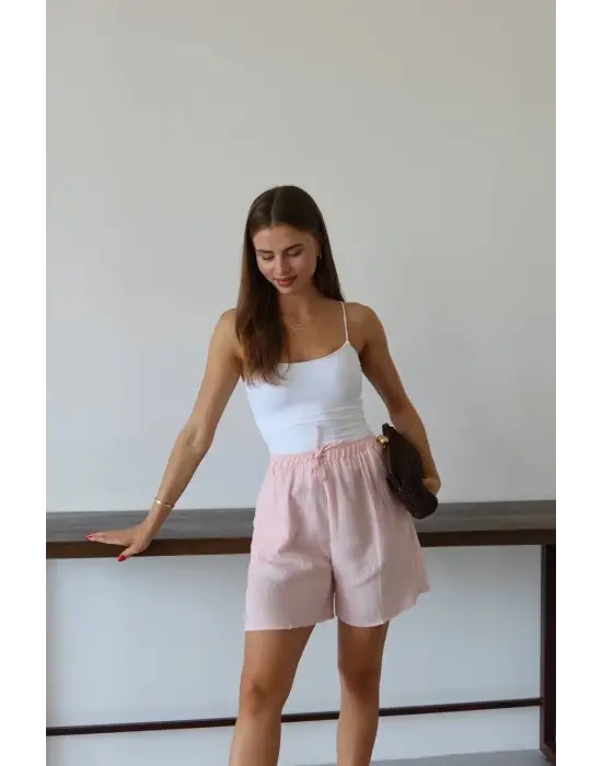 Müslin Kumaş Şort Bağcıklı Pembe Pt
