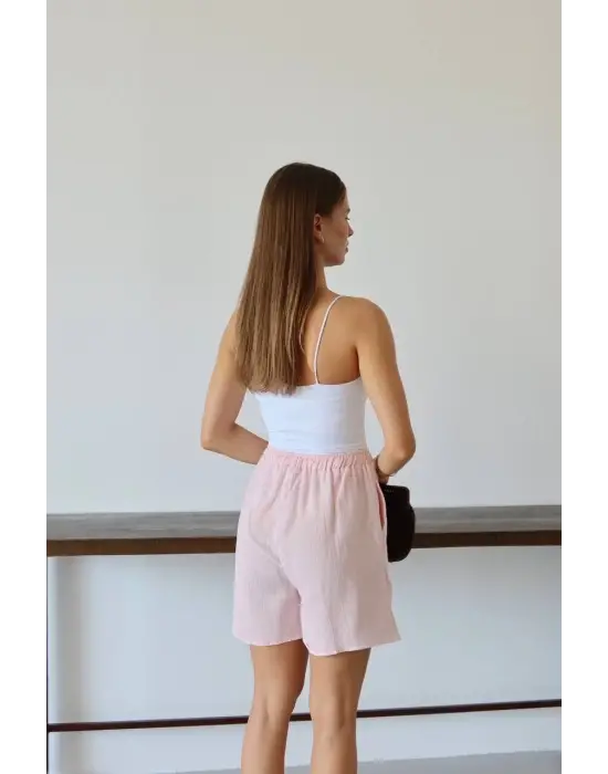Müslin Kumaş Şort Bağcıklı Pembe Pt