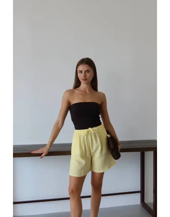 Müslin Kumaş Şort Bağcıklı Sarı Pt