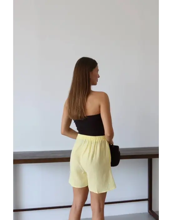 Müslin Kumaş Şort Bağcıklı Sarı Pt