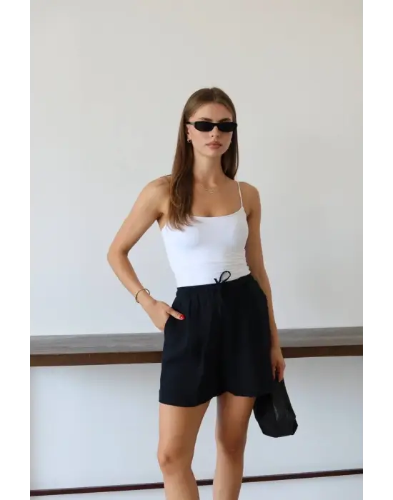 Müslin Kumaş Şort Bağcıklı Siyah Pt