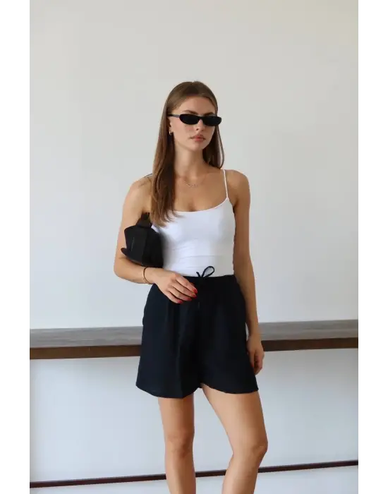Müslin Kumaş Şort Bağcıklı Siyah Pt