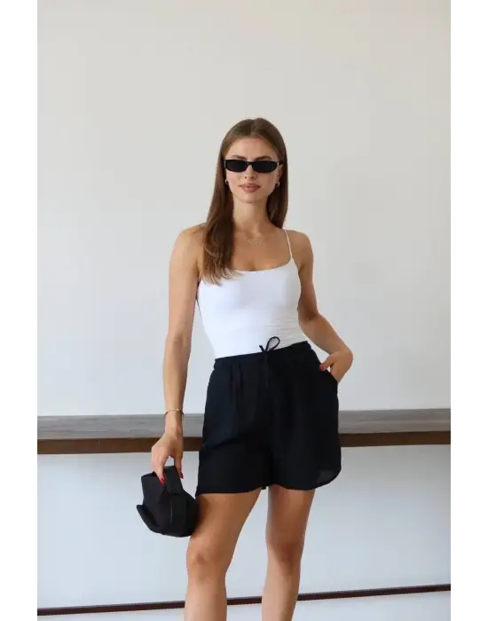 Müslin Kumaş Şort Bağcıklı Siyah Pt