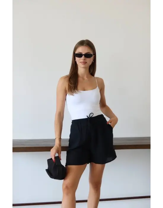 Müslin Kumaş Şort Bağcıklı Siyah Pt