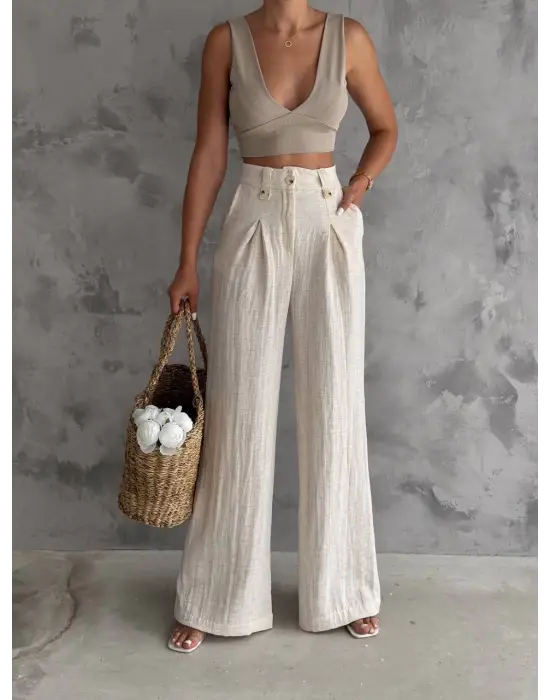 Müslin Palazzo Pantolon Krem