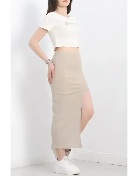 Nakışlı Etekli Takım Bej Beyaz S3899