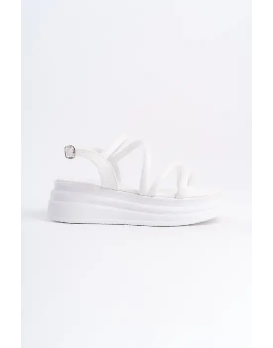 Natalıe İnce Tokalı Şerit Detaylı Ortopedik Taban Kadın Sandalet Bt - Beyaz