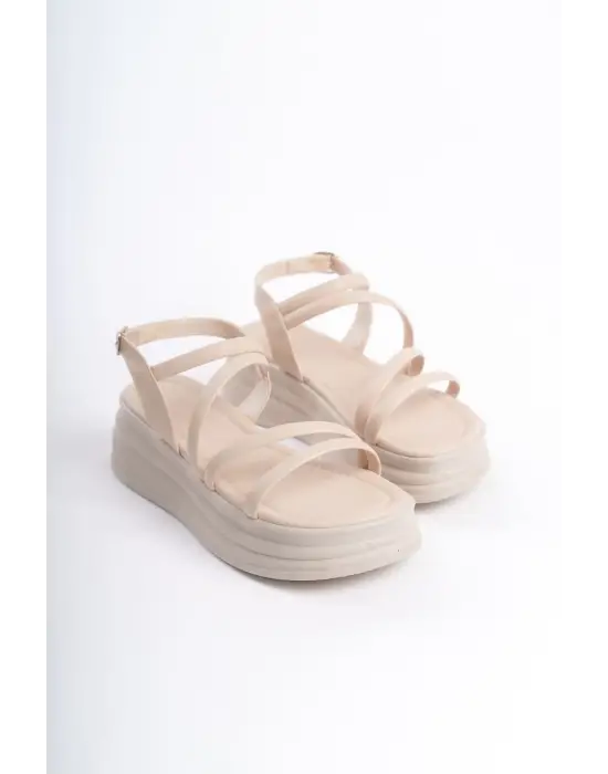 Natalıe İnce Tokalı Şerit Detaylı Ortopedik Taban Kadın Sandalet  Kt - Krem