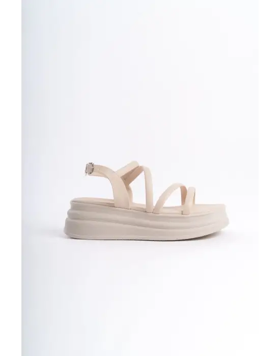 Natalıe İnce Tokalı Şerit Detaylı Ortopedik Taban Kadın Sandalet  Kt - Krem