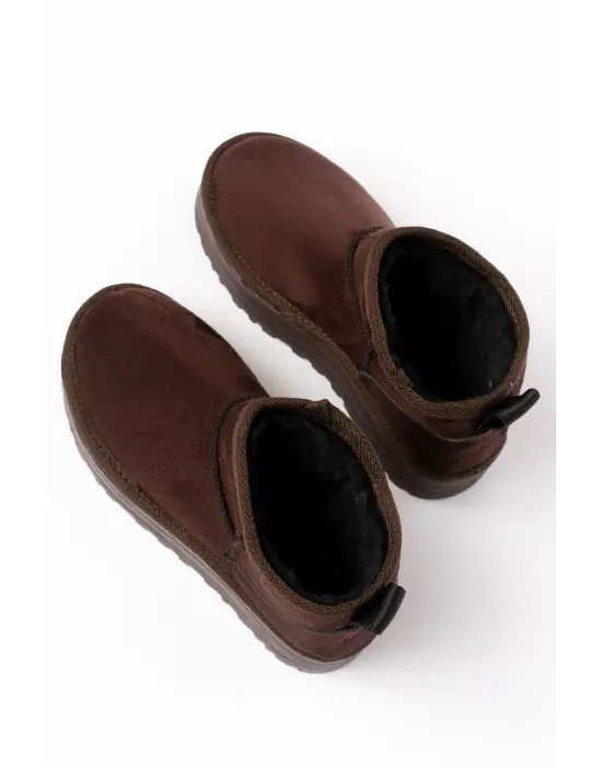 Kahverengi Süet İçi Kürklü Kışlık Kapalı Burun Kadın Günlük Terlik