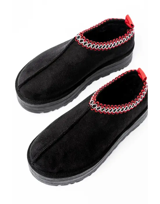 Siyah Süet İçi Kürklü Kışlık Kapalı Burun Kadın Günlük Terlik