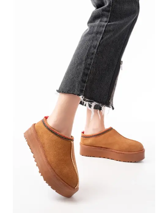 Taba Süet İçi Kürklü Kışlık Kapalı Burun Kadın Günlük Terlik