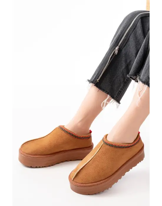 Taba Süet İçi Kürklü Kışlık Kapalı Burun Kadın Günlük Terlik