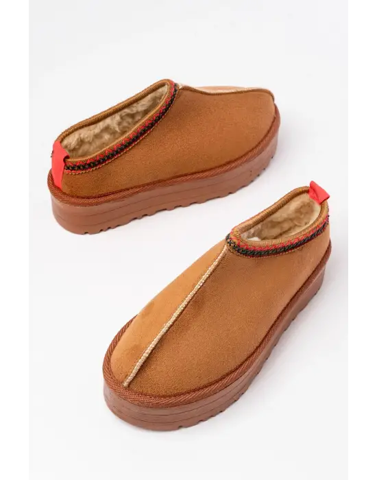 Taba Süet İçi Kürklü Kışlık Kapalı Burun Kadın Günlük Terlik