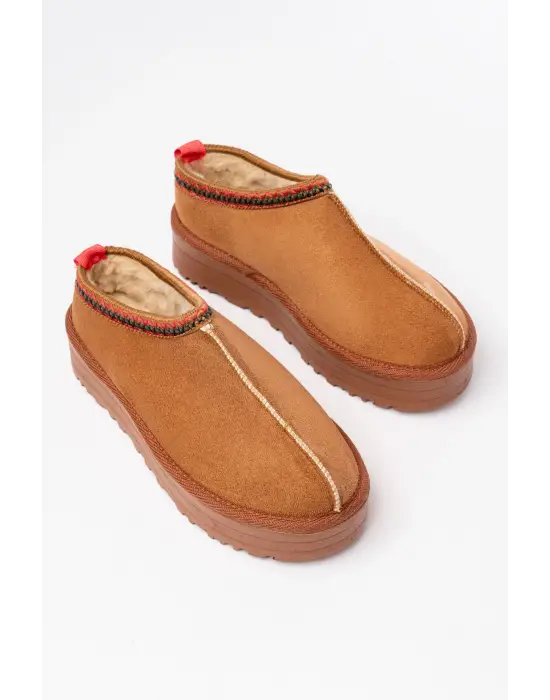 Taba Süet İçi Kürklü Kışlık Kapalı Burun Kadın Günlük Terlik