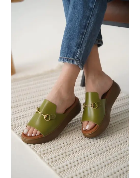 Nelly Haki Yeşili Hakiki Deri Terlik