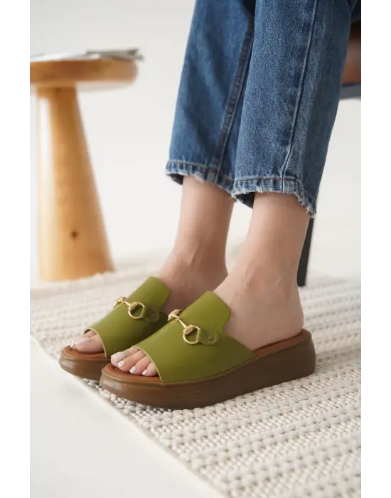 Nelly Haki Yeşili Hakiki Deri Terlik