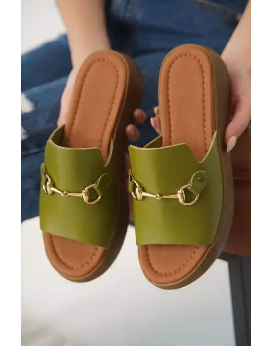 Nelly Haki Yeşili Hakiki Deri Terlik