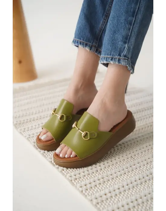 Nelly Haki Yeşili Hakiki Deri Terlik